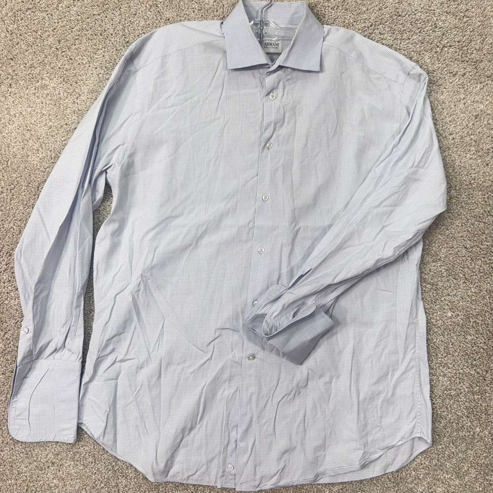 Armani Collezioni Dress Shirt Mens 16 Blue White Grid French Cuff EUC